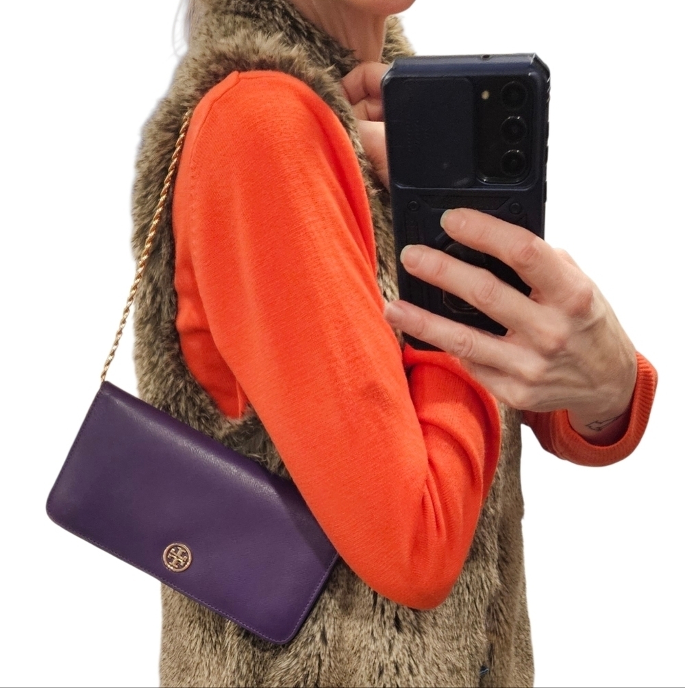 Tory Burch Long Dual Snap Purple Wallet + Chain & Branded Dustbag - Picture 15 of 16